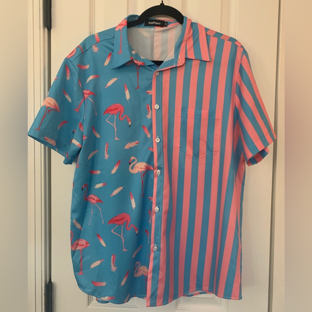 VATPAVE Mens Hawaiian Short Sleeve Flamingo & Blue/Pink Stripe, Size M